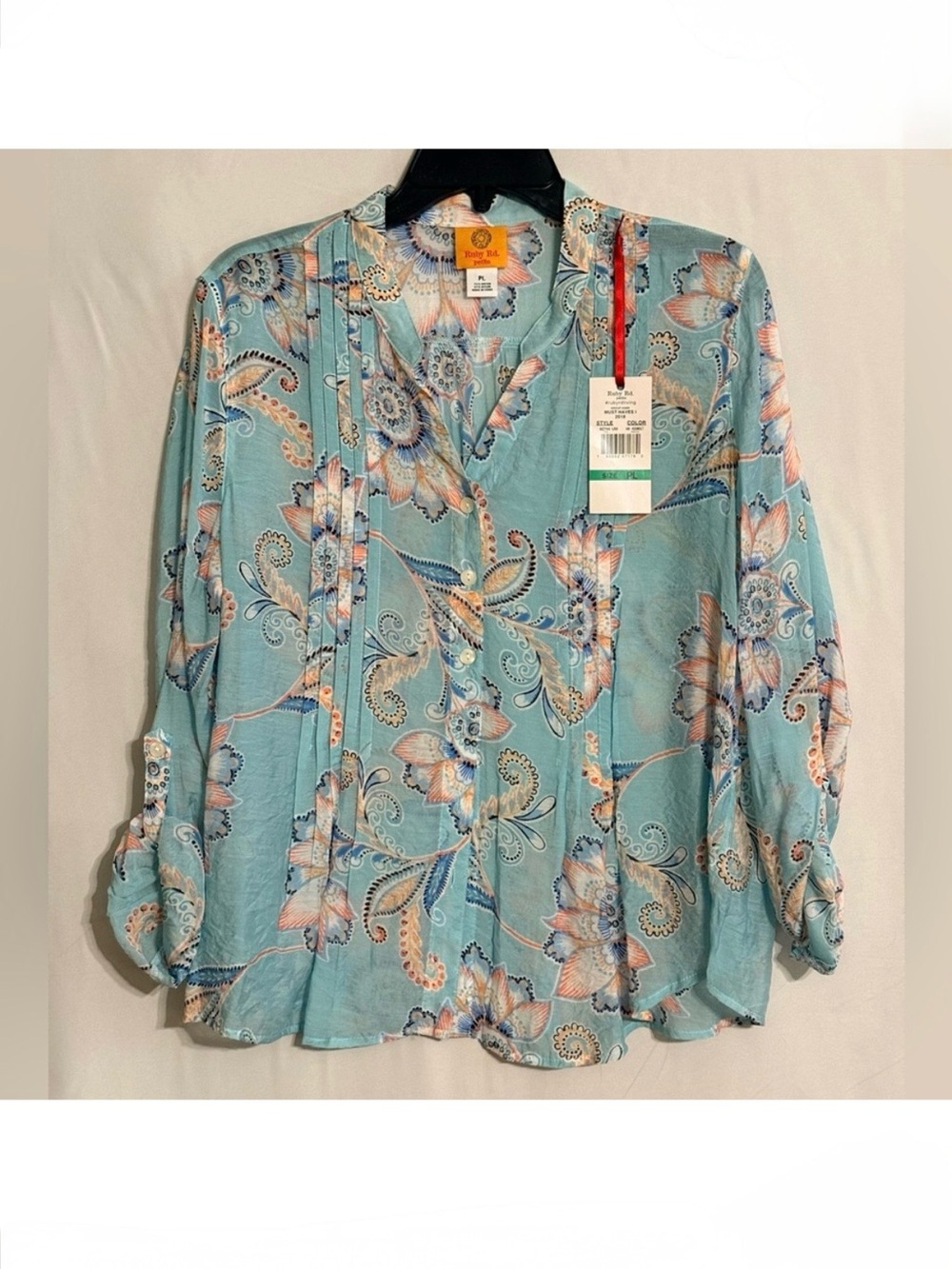 NWT Ruby Rd. Women's Aqua Floral Blouse Size PL